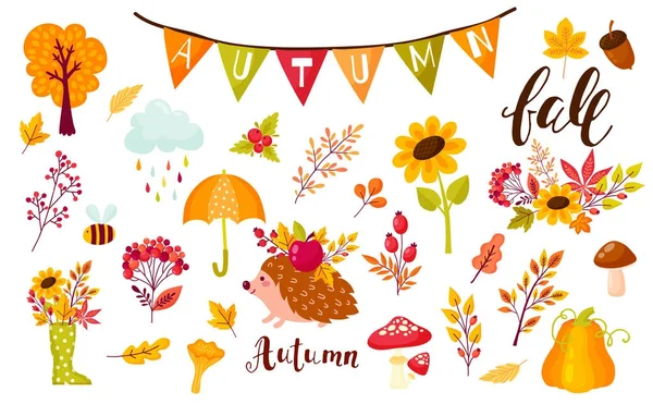 Autumn set of elements in the cartoon style — Stock Vector