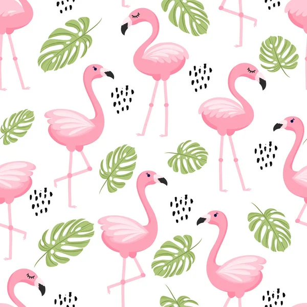 Wzór z liści palmowych tropikalnych i flamingo. Ilustracja wektorowa. — Wektor stockowy