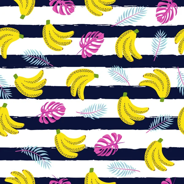 Patrón sin costuras con hojas de palma tropical y plátanos. Ilustración vectorial. — Vector de stock