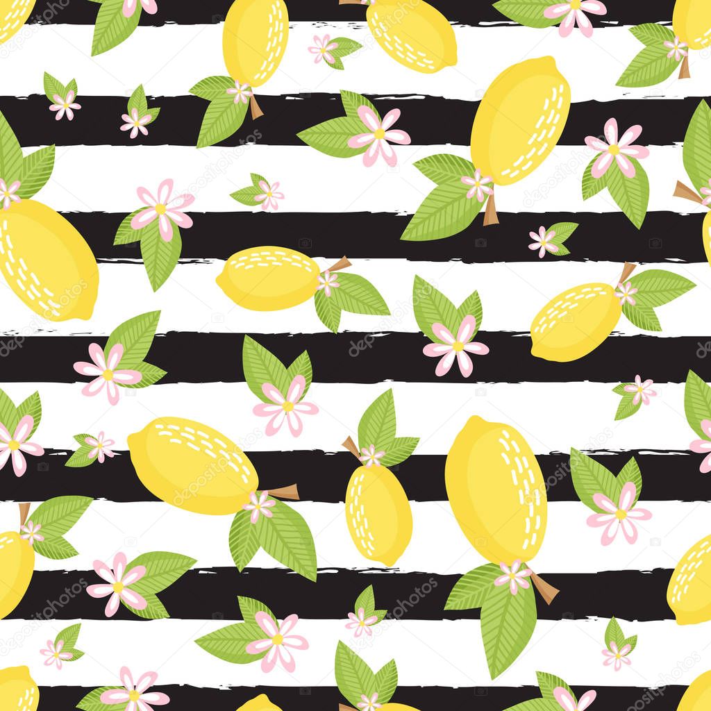 Seamless Floral Pattern. Lemon Fruits Background