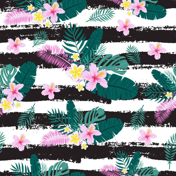 Padrão sem costura com folhas de palma tropicais e flores. Ilustração vetorial . — Vetor de Stock