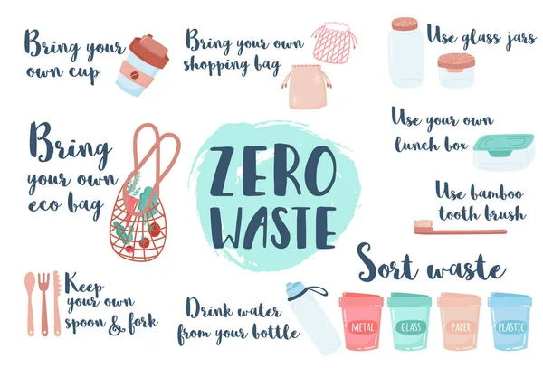 Hand drawn elements of zero waste life in vector — Stock Vector