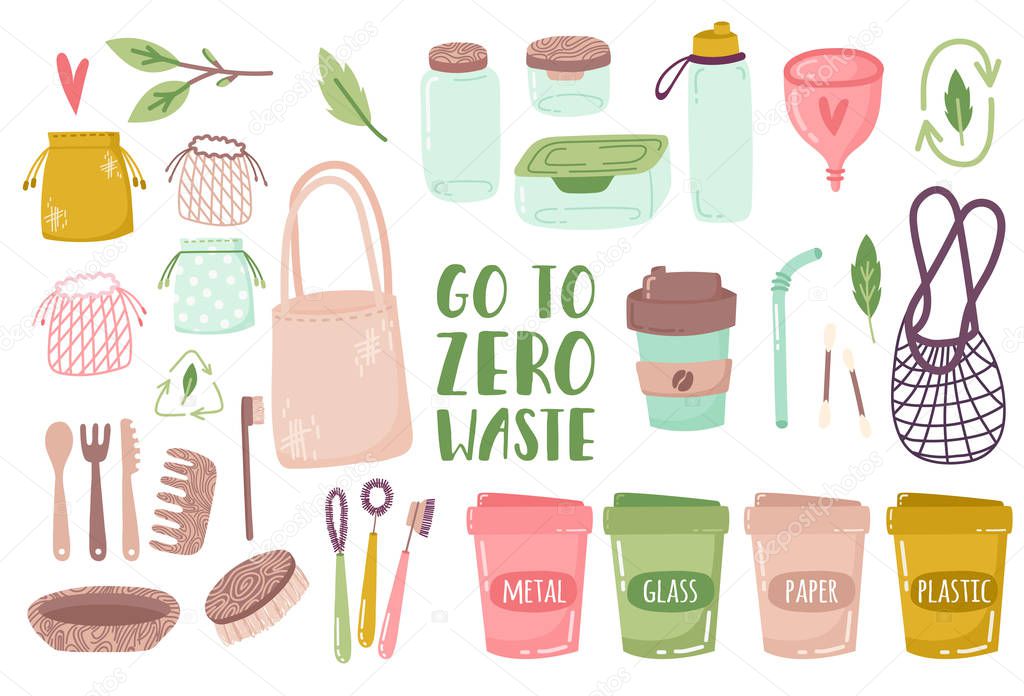 Hand drawn elements of zero waste life in vector. glass jars, eco bags, wooden cutlery, comb, toothbrush and brushes, menstrual cup, thermo mug. Eco style. No plastic. Go green