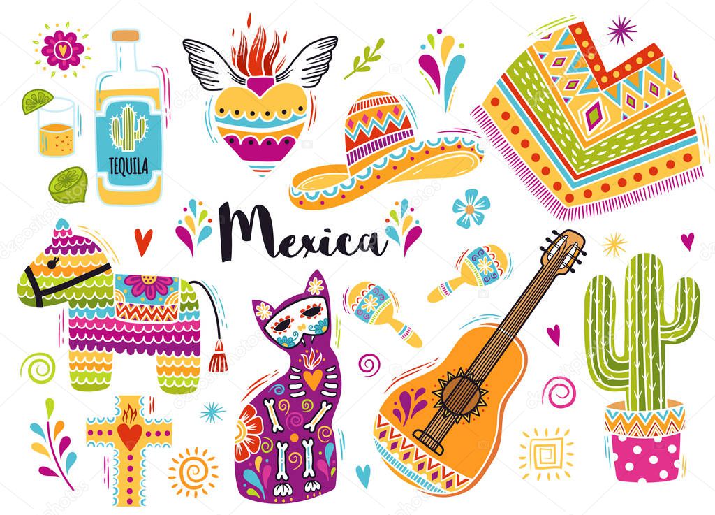 Vector set with hand drawn doodle Mexican elements.