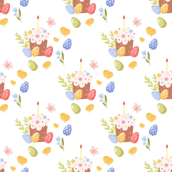 Векторний безшовний візерунок Щасливого Великодня. Великодній весняний фон з квітами та яйцями — стоковий вектор