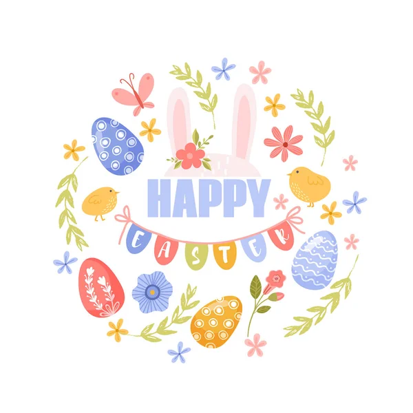 Bright happy easter greeting card with easter bunny, easter eggs — Stock Vector