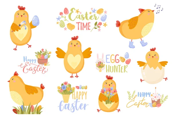 Joyeux Pâques. Ensemble vectoriel de poulet de Pâques pour carte, affiche, flyer — Image vectorielle