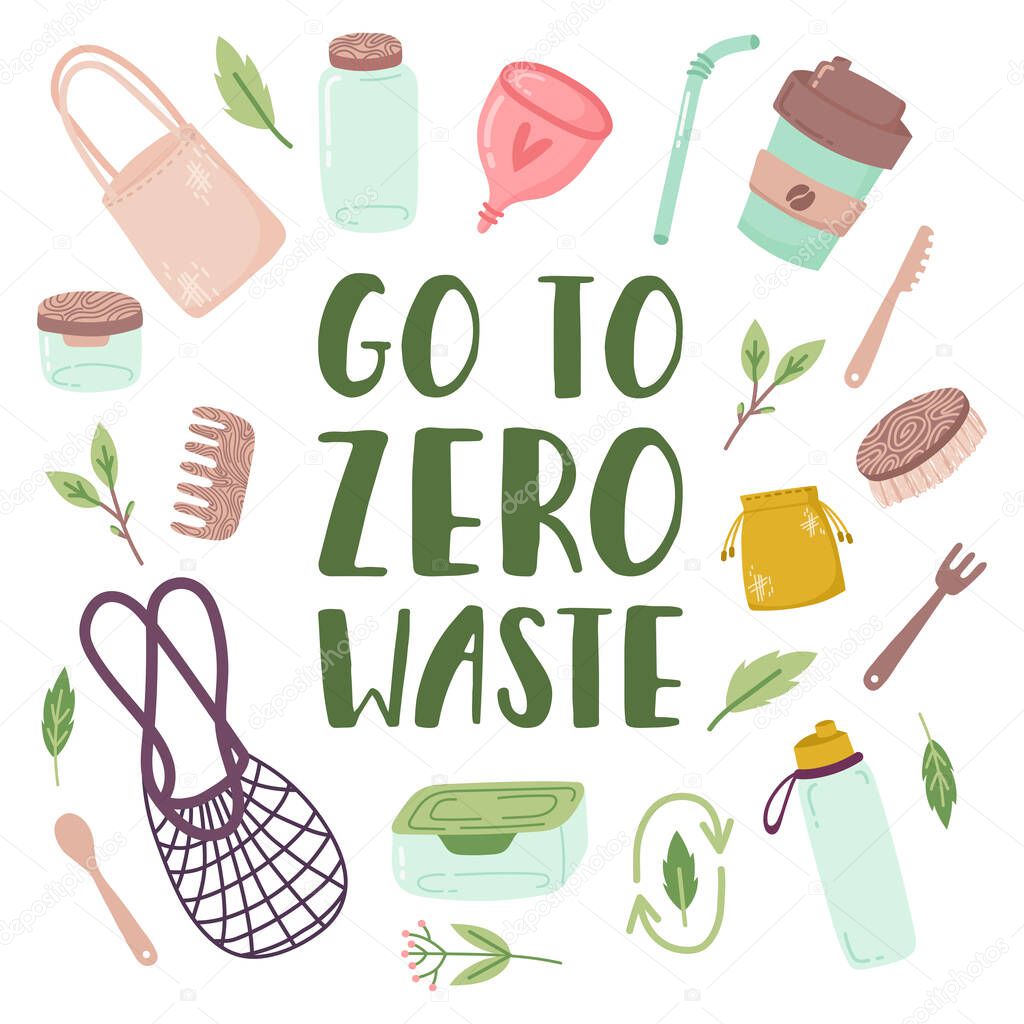 Hand drawn elements of zero waste life in vector. glass jars, eco bags, wooden cutlery, comb, toothbrush and brushes, menstrual cup, thermo mug. Eco style. No plastic. Go green