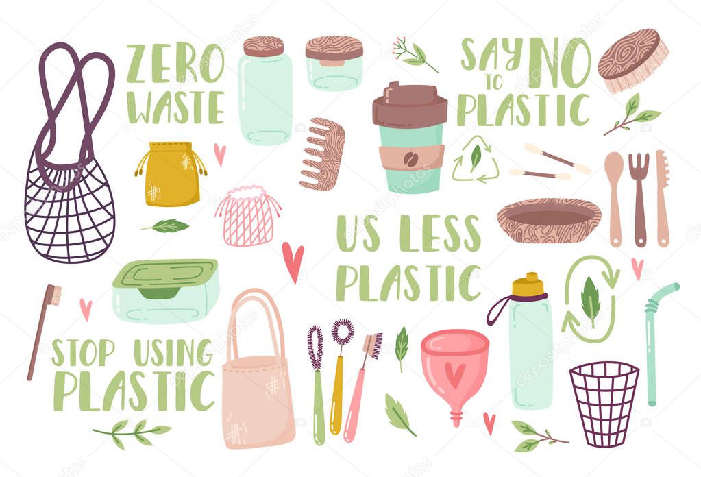 Hand drawn elements of zero waste life in vector. glass jars, eco bags, wooden cutlery, comb, toothbrush and brushes, menstrual cup, thermo mug. Eco style. No plastic. Go green