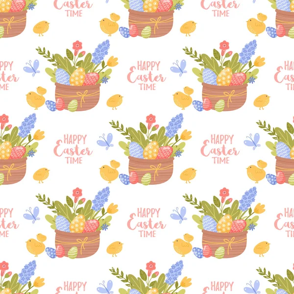 Vector seamless pattern Happy Easter. Easter Spring background with flowers and eggs — Stock Vector