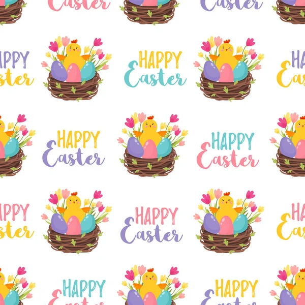 Modèle vectoriel sans couture Joyeux Pâques. Pâques Printemps fond avec des fleurs et des œufs — Image vectorielle