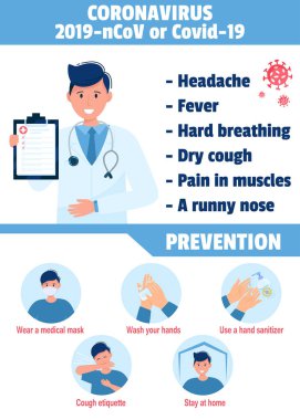 Coronavirus Covid-19 or 2019-ncov Infographic showing Prevention and Symptoms clipart