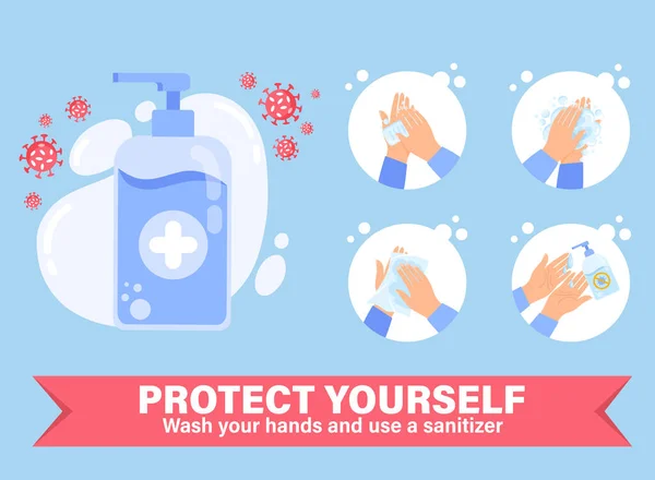 Usa infografiche igienizzanti per le mani. Mano Sanitize Dispenser — Vettoriale Stock