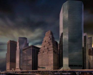 New york şehir silüeti gün batımında kentsel gökdelenler ile. 