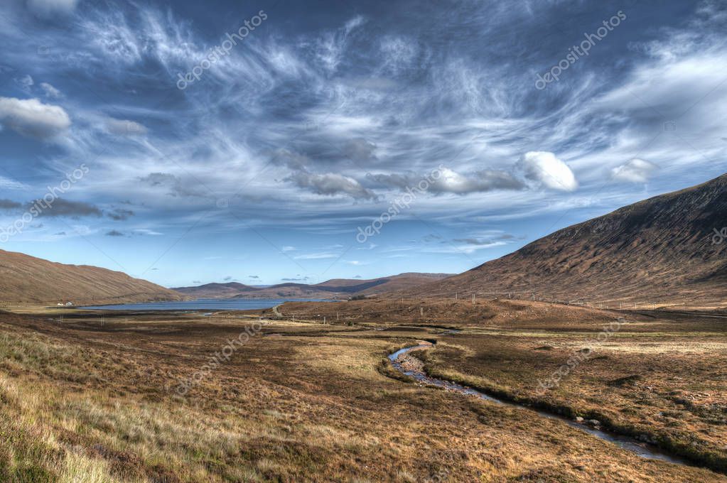 View from Blackhill waterfall over Loch Ainort on the Isle of Skye.-