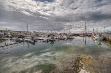 Husavik Limanı. Tarihi Husavik kasabasının güzel manzarası.