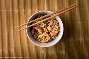 Dried Chinese noodles with meat in the dish