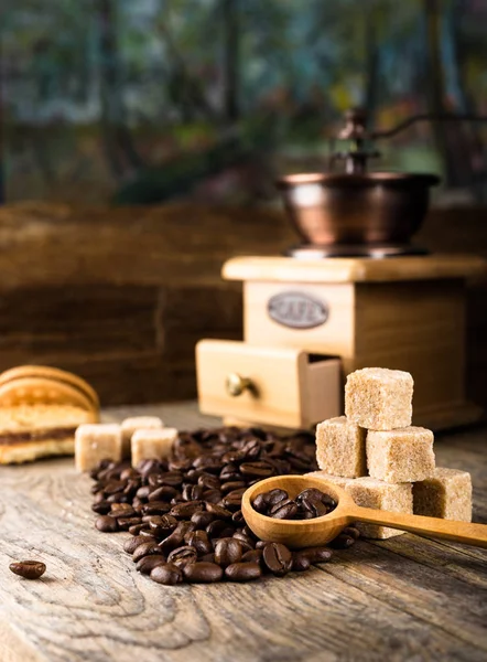 Granos de café con molinillo — Foto de Stock