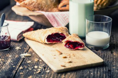 Kahvaltı hamur işleri ve reçel ve süt.