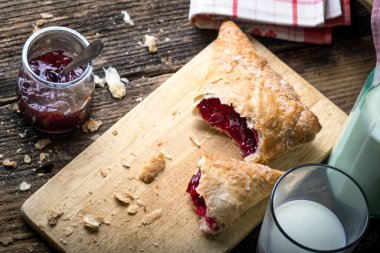 Kahvaltı hamur işleri ve reçel ve süt.