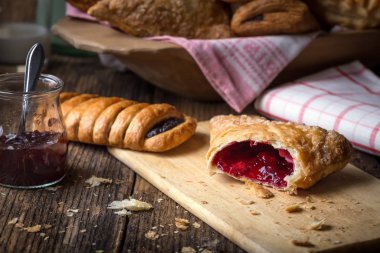 Kahvaltı hamur işleri ve reçel ve süt.