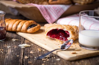 Kahvaltı hamur işleri ve reçel ve süt.