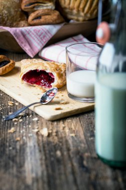 Kahvaltı hamur işleri ve reçel ve süt.