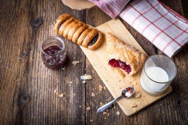 Kahvaltı hamur işleri ve reçel ve süt.