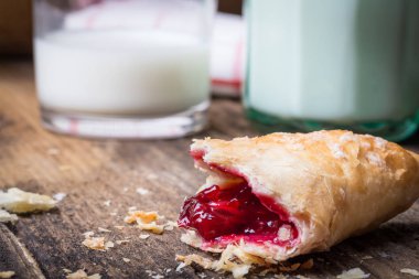 Kahvaltı hamur işleri ve reçel ve süt.