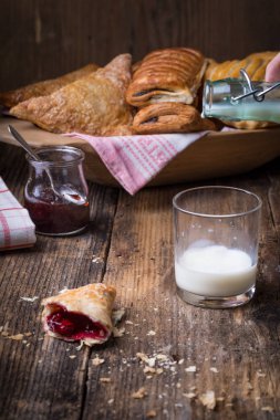 Kahvaltı hamur işleri ve reçel ve süt.