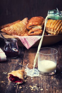 Kahvaltı hamur işleri ve reçel ve süt.