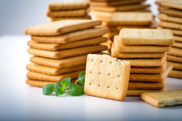 Bunch of salty crackers stacked in to the pillars — Stock Photo, Image