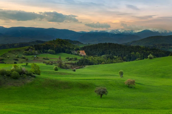 Blick auf Bergfeld und Wiese im Herzen Europas — Stockfoto