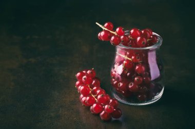 Cam bir fincanda kırmızı frenk üzümü demeti.