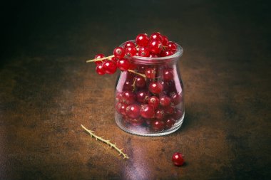 Cam bir fincanda kırmızı frenk üzümü demeti.