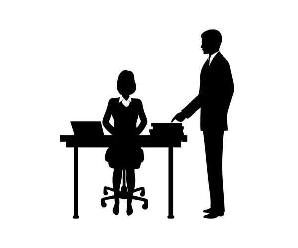 Empresario instruye al secretario sentado en una mesa.Imagen del contor.Ilustración vectorial . — Vector de stock
