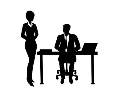 Oturan işadamı ile çalışan konuşuyor. Kontur.