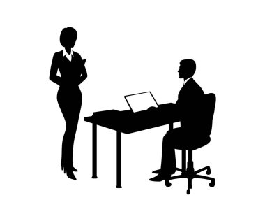 Oturan işadamı ile çalışan konuşuyor. Contour.Black beyaz.