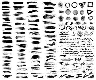 Büyük el fırçası darbeleri ve tasarım elementleri beyaz üzerine siyah izole.