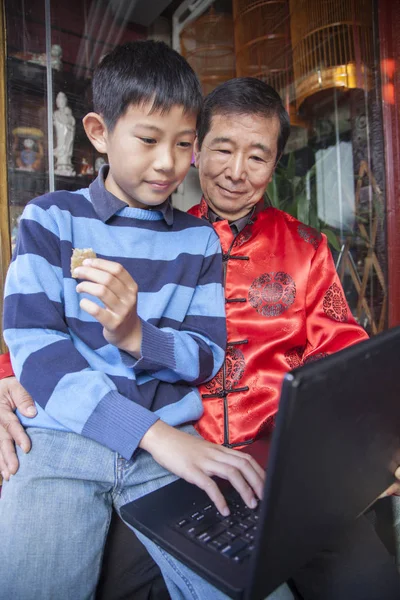 Дедушка и внук используют ноутбук Стоковое Фото