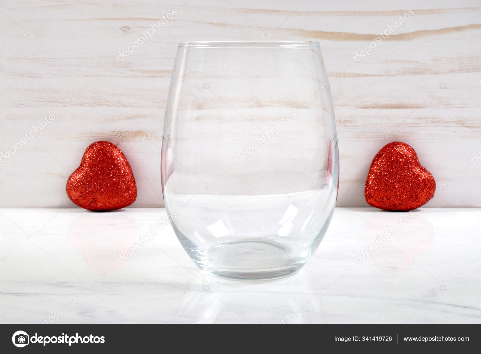 No Stem Wine Glass Mockup with Red Valentine Hearts Stock Photo by