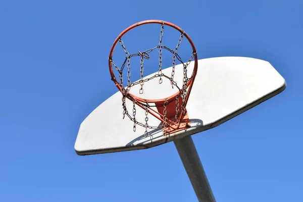Looking Old Basketball Hoop Metal Chain Net Sunny Spring Day Stock Photo