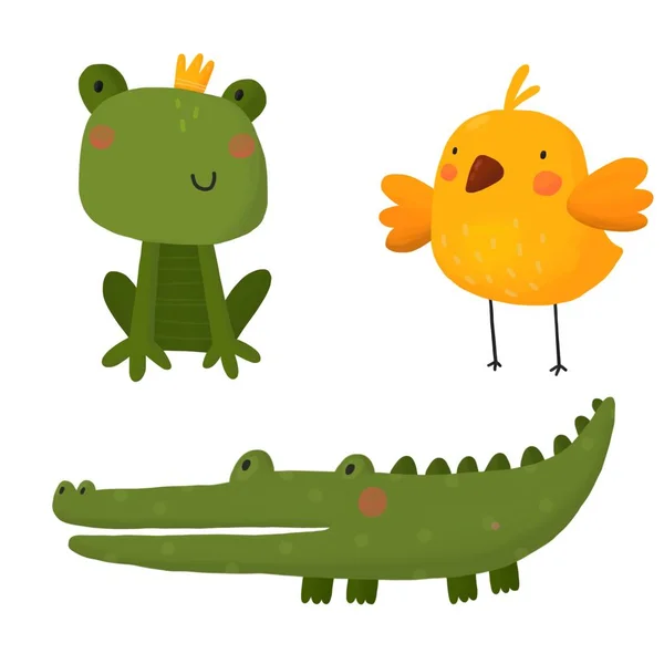 Card with cartoon frog, crocodile and bird