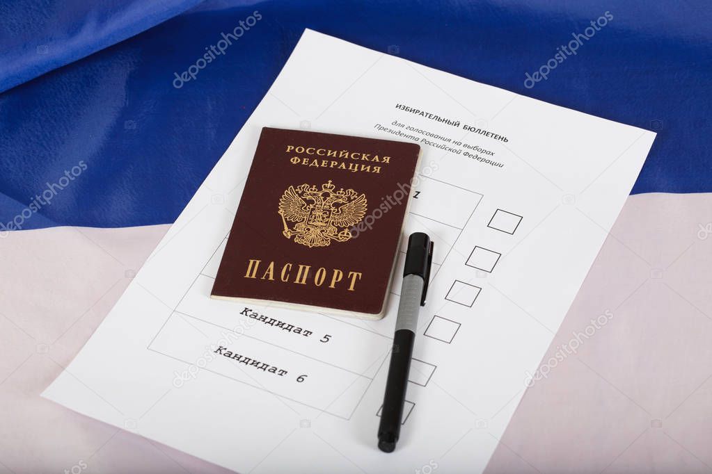 Russian passport on a approximate sample of ballot paper for pre