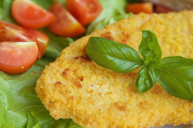 Tavuk şnitzel kiraz domates ve yeşil salata yaprakları. 