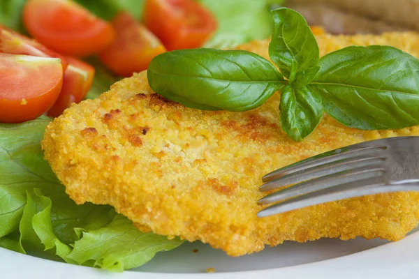 Chicken schnitzel with cherry tomatoes and green salad leaves. Stock Photo