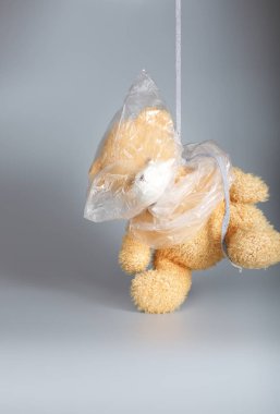 Peluş oyuncak ayı başkanı tarafından plastik torba kaplıdır. 