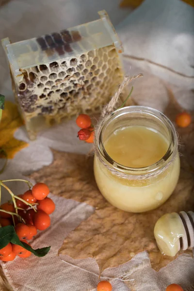 Rowan berries, glass with honey and honeycomb on a sackcloth. . — Stock Photo, Image