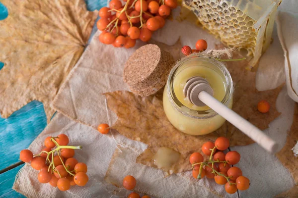 Rowan baies, verre avec miel et nid d'abeille sur un sac . . — Photo