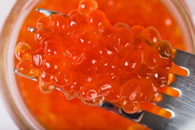 Red caviar on a metal fork.  clipart
